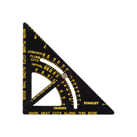 The STANLEY® ALUMINIUM QUICKSQUARE WITH ARM by STANLEY is a black and yellow triangular tool with degree markings, labeled edges, and an adjustable brass pivot—ideal for measuring angles and making precise cuts in carpentry.